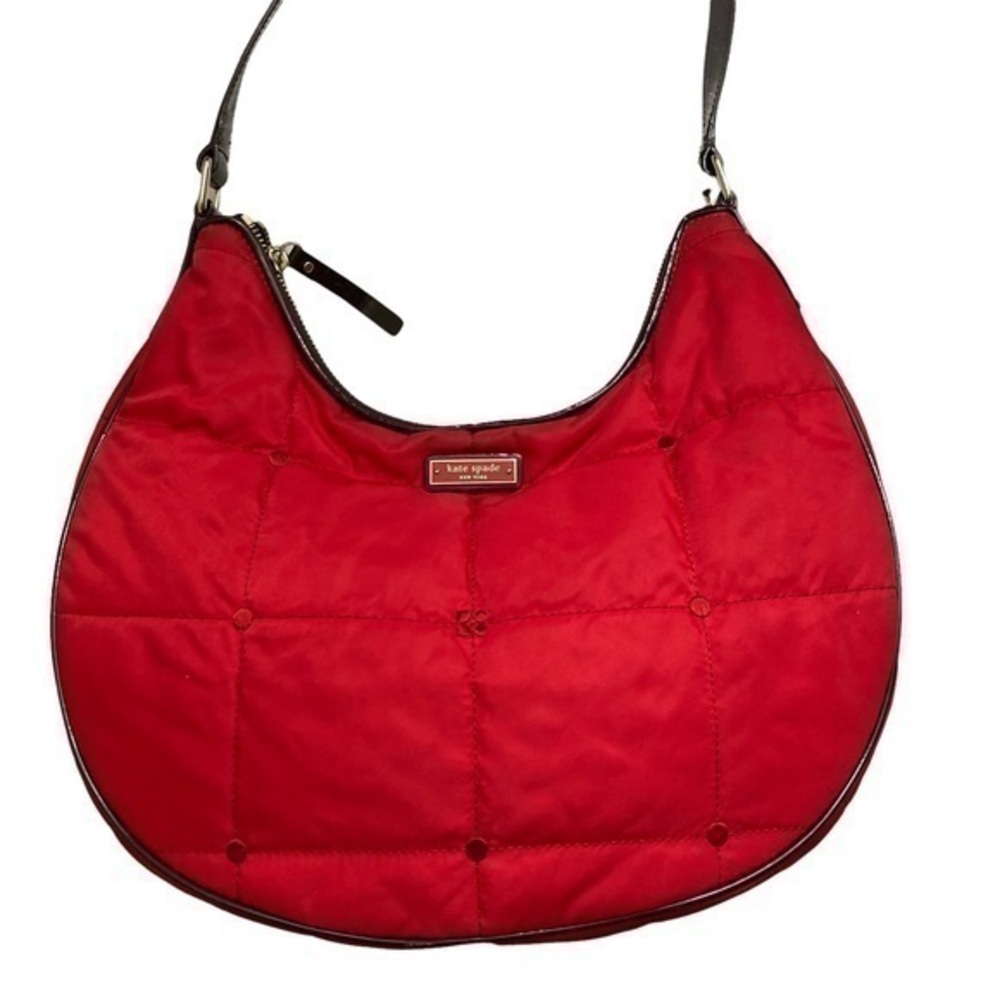 Kate spade red nylon hobo bag quilted patent leather trim